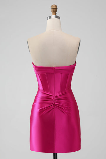 Fuchsia Bodycon Sweetheart Satin Korsett Kort Homecoming Klänning